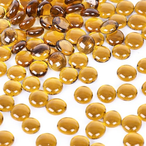 VGOODALL Glass Beads for Vases 450g, 140-180PCS Yellow Flat Glass Pebbles Vase Filler Decorative Stones for Home Decor