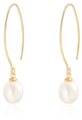 Aobei Pearl Long Hook Wire Threader Drop Earrings for Women 18K Gold Plated Ear Jewelry