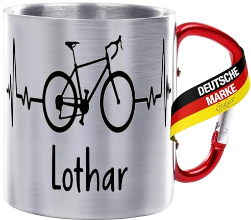Crealuxe Edelstahltasse mit Karabiner - Herzschlag Fahrrad mit Wunschname - 330ml, Tasse personalisiert, Kaffeetasse, Bürotasse, Metalltasse mit Name