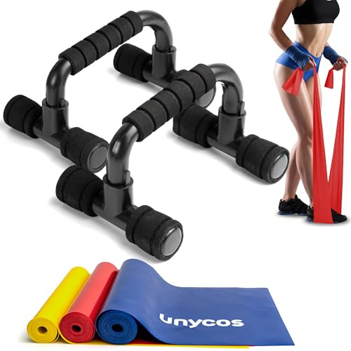 unycos - Soportes para Flexiones + 3 Bandas Elásticas de Resistencia/Fitness de Látex【7-11 kg】Push up Bars, Barras Paralelas de Calistenia con Mango Ergonómico, Gimnasio en Casa (Negro)