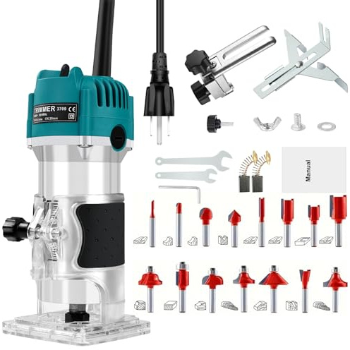 Jadeshay Router Tool, 800W Compact Router Tool for Woodworking, Electric Hand Trimmer with 15pcs Milling Cutter Set for Chamfering, Grooving, Trimming, Carving