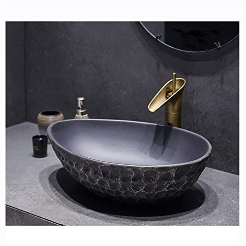WOTZOV Vasques à Poser pour salles de Bain Ensemble rétro en céramique avec Robinet et Drain, évier Ovale de Grande capacité, lavabo