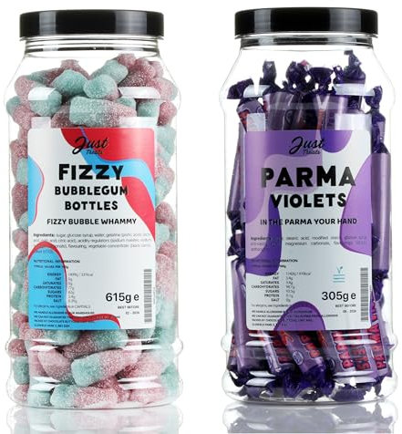 Just Treats Fizzy Bubblegum Bottles and Parma Violets - Sweet Gift Jars of A Sour and Tangy Explosion - 10,25