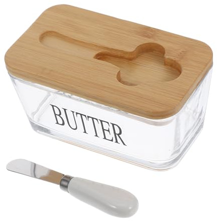 Zerodeko Mantequera De Vidrio Hermética Con Tapa De Bambú y Cuchillo Recipiente Para Mantequilla Diseño Vintage Adecuado Para Cocina y Refrigerador Fácil De Limpiar
