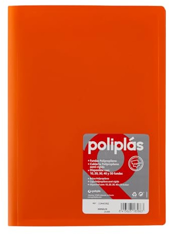Grafoplas - Dossiers 30 pochettes plastique A4, polyplas opaque, orange | Doublures transparentes, couvertures en polypropylène, fabriquées en Espagne, parfaites pour classer des documents et des