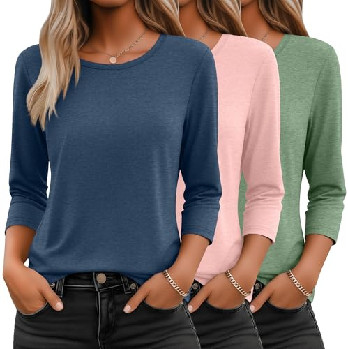 Ficerd Pack de 3 Camisetas de Manga 3/4 para Mujer Cuello Redondo Básicas Elegantes Informales Holgadas y a la Moda(Azul Niebla, Rosa, Verde Claro,XL)