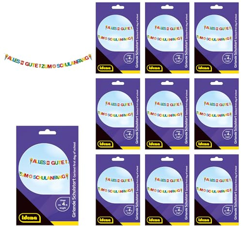 Idena 90288 - Girlanden für den Schulstart, 10 Stück je ca. 4 m lang, Bunte Papiergirlande mit Buchstaben und Zuckertüten, Deko zur Einschulung