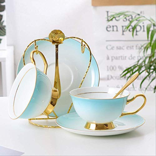 SdaryWare Ensemble de Tasses à thé, soucoupes et cuillères en Porcelaine Anglaise, 200 ML, Bleu dégradé, Service à thé en Porcelaine dorée, Tasse à thé en céramique, Tasse à exp