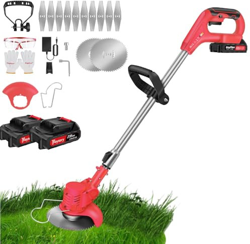 21V Cordless Strimmer, Electric Grass Trimmers with 2 Batteries and Charger, 12PCS Metal Blades Cordless Strimmer Brush Cutter, Lawn Mower, Garden Strimmers for Garden Lawn Clearing Weeds Flower Trees
