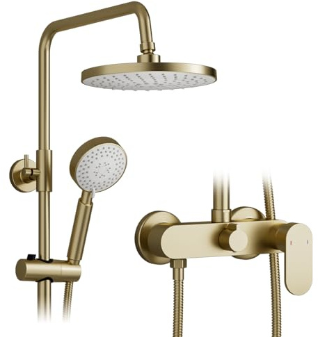 OihPaw Duschsystem, 2-in-1-Wandbrauseset, Duschsystem in gebürstetem Gold | Runder 225-mm-Regenduschkopf, 360° verstellbare Regendusche, 3-Modus-Handbrause, Multifunktions-Duschset fürs Badezimmer
