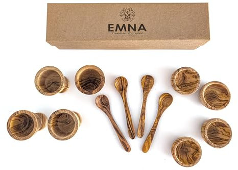EMNA – Juego de desayuno de madera de olivo de 12 piezas, caja de regalo, 4 hueveras, 4 cuencos, 4 cucharas, hecho a mano, idea de regalo, Pascua, Navidad, cumpleaños, madera natural, noble, mamá