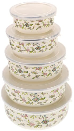 NOLITOY 5 Stück Teiliges Emaille Schalen Mit Deckel, Vielseitige Rühr Servierschüsseln, Stapelbar Für Obst Salate Suppen Zum Frischhalten Und Lagern Der Küche