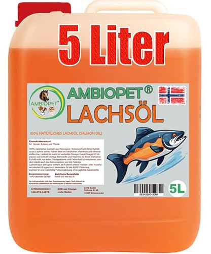 Ambiopet 5 Liter natürliches Premium Lachsöl aus Norwegen für Hund, Pferd und Katze zum BARFen mit reichhaltigen Omega 3 & 6 Fettsäuren im praktischen Dosierbehälter