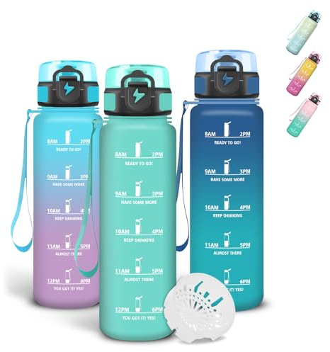 Grsta Trinkflasche 500ml Auslaufsichere, Trinkflasche Kinder mit Filter, Wasserflasche mit Zeitmarkierung und Schnürung, Sichere Verriegelung, Flasche für Schule, Sprudel, Erwachsene
