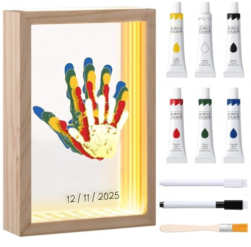 Fiada Familien Handabdruck Set 5 Personen LED Familien-Handabdruck-Fotorahmen Handgefertigter Erinnerungsrahmen aus Holz Geschenkidee zum Muttertag Vatertag Weihnachten und für Familienfeste