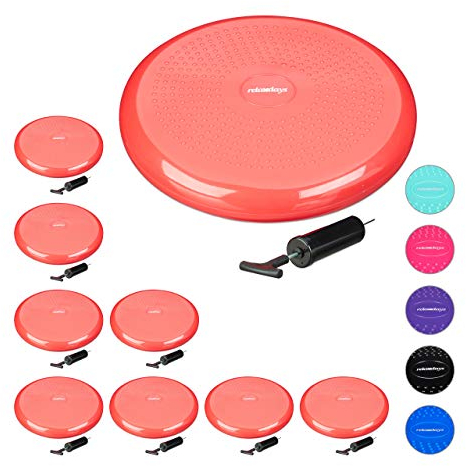 Relaxdays 9 x Balance Kissen, 140 kg Maximalgewicht, Balance Pad mit Luftpumpe, Ballsitzkissen mit Noppen, Fitness Kissen, rot
