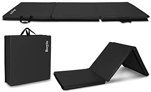 Bonnlo 6' Folding Tri-fold Gymnastics Gym Exercise Aerobics Mat, 6’x 2’x 2” PU Leather Tumbling Mats for Stretching Yoga Cheerleading Martial Arts (Black)