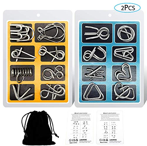 YGZN Metalldraht Puzzle Set von 16 mit Tasche, IQ Test Mind Game Denkaufgabe Zaubertrick Spielzeug für Kinder und Erwachsene (Blue-Yellow)
