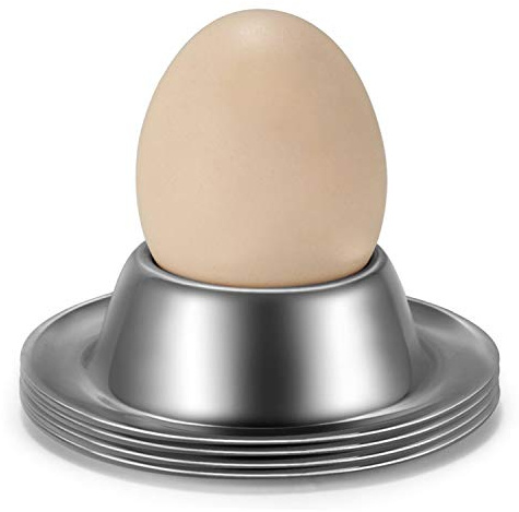 Flexzion Egg Cup Holder Set of 4 Pack - Stainless Steel Egg Cups Plates Four Pieces Serveware Tableware Holder Accessories for Hard Soft Boiled Egg Spoon Breakfast Brunch Kitchen Restaurant Display
