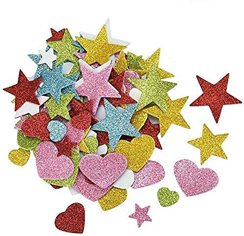 KLYNGTSK 200 PCS Glitter Foam Stickers Self Adhesive Foam Star/Heart Shapes Glitter Stickers Colourful Craft Stickers for Wall Decoration, Card Making, Craft DIY,Crafting, Scrapbooking