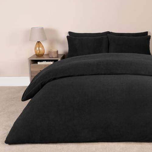Brentfords Black Duvet Cover Double, Teddy Fleece Duvet Set Fluffy Bedding Double Quilt Cover Bedding Set Soft Warm Winter Duvet Cover with Pillowcases