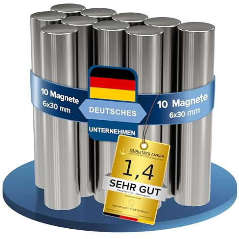 10x Neodym Power Magnet silber - Stabmagnet extra stark lang - Durchmesser 6x30mm lang - starke Magneten Supermagnet - Haftkraft ca. 1,7 kg - Magnete für Whiteboard, Pinnwand, Magnettafel, Werkstatt