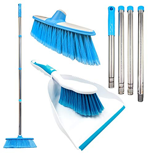 Sweeping Broom Indoor with Matching Dustpan and Brush Sets, Household Cleaning Set that Includes a Sweeping Brush Indoor, Soft Broom and Dustpan Set (Blue)