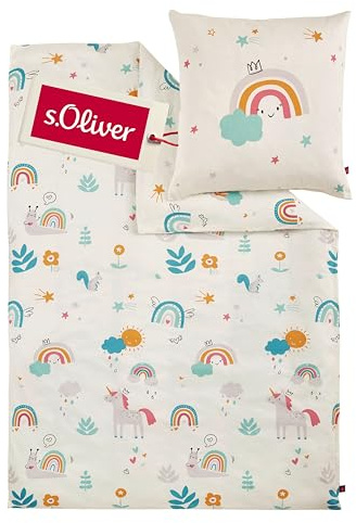 s.Oliver Kinderbettwäsche Einhorn 135x200 cm - 100% Baumwolle, praktischer Reißverschluss & maschinenwaschbar, Bettwäsche für Kinder Regenbogen 2tlg. bunt