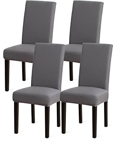 Sufdari Stuhlhussen 4er Set Grau, Stretch Esszimmer Stuhlbezug für Esszimmerstühle, Abnehmbarer Waschbarer Spandex Stuhlüberzug für Küchenstühle,Hotel, Bankett(Grau, 4 Stück)