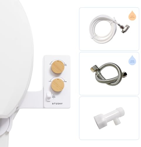 Tushy 3.0 Warmwasser-Bidet-Aufsatz | Selbstreinigender Frischwassersprüher + verstellbare Druckdüse, Winkelsteuerung (einstellbare Kalt- bis Warmwassertemperatur-Option), Bambusknöpfe