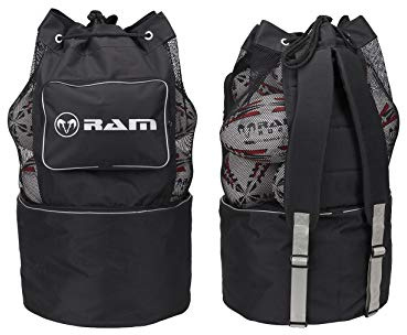 Ram Rugby Coaches Ball Bag - Durable Multi-Compartment Storage with Breathable Mesh for 8 Size 5 Balls, Heavy-Duty Vinyl Bottom for Bibs & Cones, Side Pocket, Backpack Straps for Easy Transport