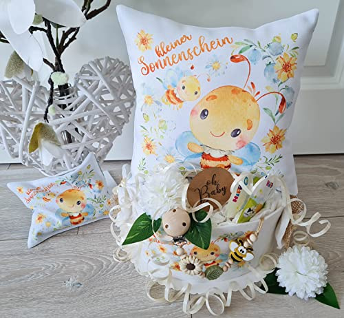Windeltorte | KLEINER SONNENSCHEIN | Kuschelkissen KLEINE BIENE | Schnullerkette & Bauchwehsternchen - Geschenk zur Geburt | Babyparty | 30-teilig + Grußkarte