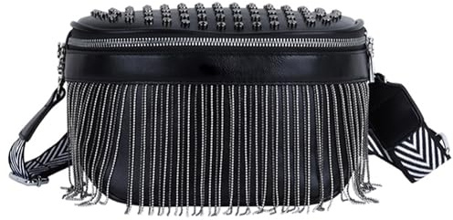 MEGAUK Kleine Niet Taillenbeutel Kette Fransen Hüfttasche Punk Bauchtasche mit Quaste Verstellbaren Abnehmbaren Riemen aus PU Kunstleder für Damen 07000 Schwarz