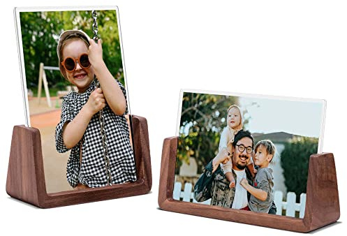 Komimaci 5x7 Picture Frame - 2 Pack, Rustic Wooden Photo Frame with Walnut Wood Base and High Definition Acrylic Glass Covers for Tabletop or Desktop Display (5x7 inch, Horizontal + Vertical)