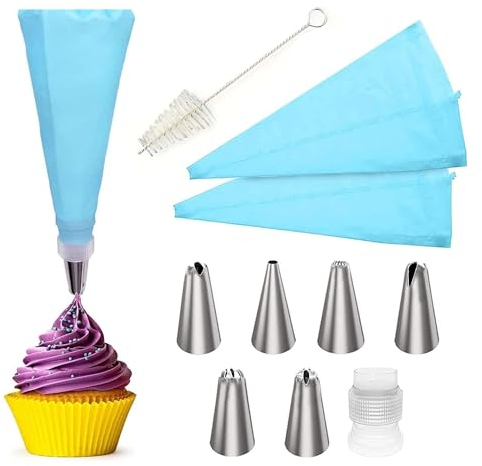 Piping Icing Bags and Nozzles Set of 10 Pcs with 1 Converters, 2 Silicone Bags, 1 Cleaning Brush and 6 Premium Stainless Steel Piping Nozzles for DIY Decorating Cakes & Cupcakes
