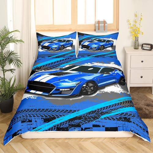 Blauer Sportwagen-Bettbezug für Kinder Jungen und Herren, Graffiti-Rennwagen-Bettwäsche-Set, Queen, Grunge Car Track Trösterbezug, leicht, weich, Hippie-Rennwagen-Bett-Sets mit 2 Kissenbezügen,