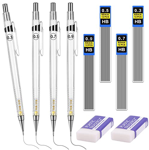 Druckbleistift 0,3/0,5/0,7/0.9 mm, Bleistiftmine HB Mienenbleistift,Weiß | 4 Tuben (48 Stück)Mechanical Pencil und 2 Stück Radiergummi, für Skizzieren Zeichnen Schreiben und Hausaufgaben