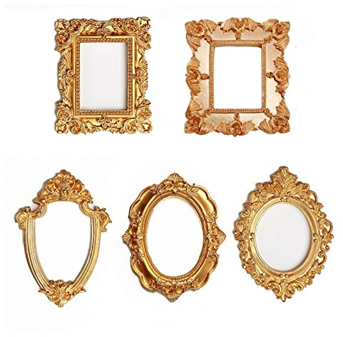 mozhixue 5 Pcs Mini Gold Frames - Small Gold Vintage Flower Oval Rectangle Baroque Frames Table Top Frame for Christmas Holiday Party Decor(without Glass Stand or Backing)