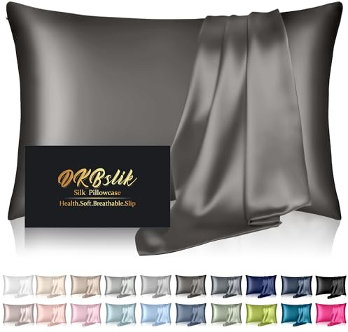 Silk Pillowcase for Hair and Skin, Mulberry Silk Pillow Cases Standard Size, Anti Acne Cooling Sleep Both Sides Natural Silk Satin Pillow Covers with Hidden Zipper, Gifts for Women Men, Dark Gray