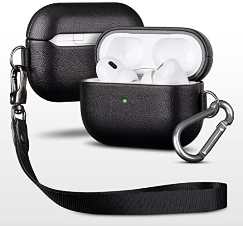Haobobro Sheep Leather Case - Étui en Cuir pour AirPods Pro 2 - Livré avec Une Dragonne et Porte-clés - Coque Housse AirPods Pro 2ᵉ génération 2022 - Cover Protection AirPods Pro 2 - Noir