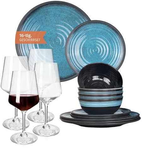 Melamin Campingservisset för 4 personer Stone Blue 4 Milano rödvinsglas rött vinglas servis picknick BBQ köksredskap