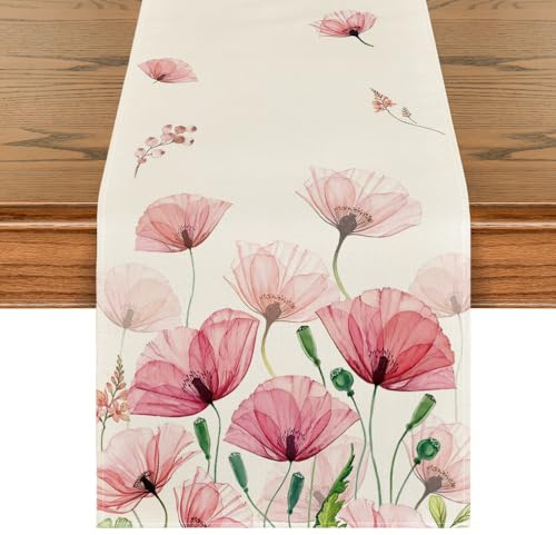 Artoid Mode Klatschmohn Blatt Frühling Tischläufer, Sommer Saisonnal Küche Tisch Dekoration Drinnen Urlaub Party Dekor 40x180 cm