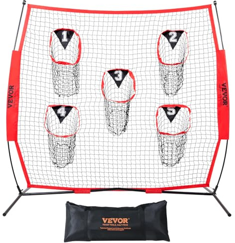VEVOR 8 x 8 ft Football Trainer Throwing Net, Training Throwing Target Practice Net with 5 Target Pockets, Knotless Net Includes Bow Frame and Portable Carry Case, Improve QB Throwing Accuracy, Red