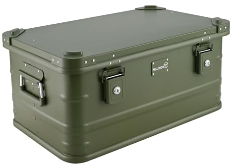 Alubox Alukiste abschließbar E47G OLIVGRÜN - Premium Lagerbox 47 Liter - Materialstärke 1mm - Deckel mit Aluminium Druckguss Stapelecken und Gummidichtung - inklusive Schlösser - lackiert