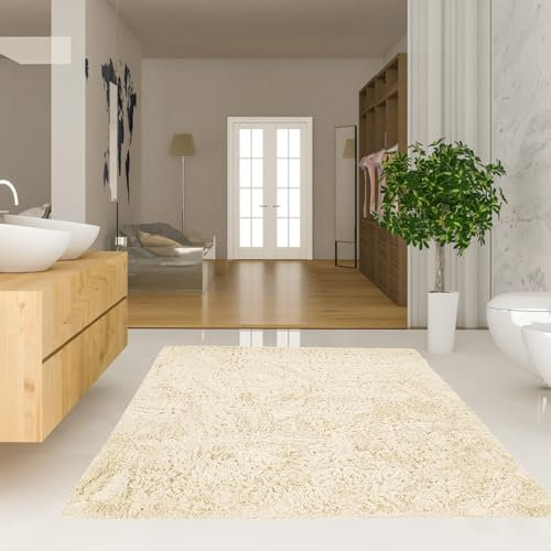 NINGBAI Teppich Wohnzimmer, Hochflor Teppich 140 x 160 cm Kinderteppich, Spielteppich, Flauschig-Weiche Teppiche weich und elegant, waschbar für Schlafzimmer Kinderzimmer, Creme Farben