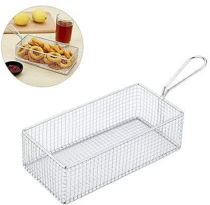 Zerodeko Deep Fryer Rectangular Mesh Basket with Single Handle and Ear Stainless Steel Snack Fruit Frying Basket Filter Screen Oil Removal Tool for Kitchen