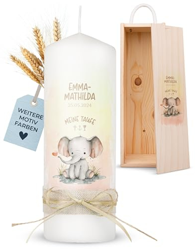 AMARI® Personalisierte Taufkerze Elefant Herz - Mädchen/Junge - 20cm/7cm - Gestalten Sie Ihre eigene Taufkerze mit Namen