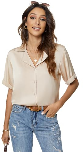 Atnlewhi Damen Bluse Kurzarm Button Down Satin Seide Shirts Casual Business Formelle Sommer Casual Blusen - Aprikose - M