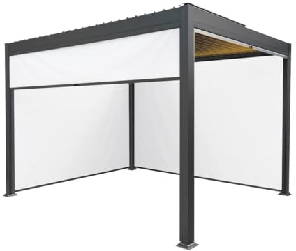 Metal Pergola 3m x 3m Anthracite Grey With 4 Retractable White Mesh Blinds & LED Lights Tilting Canopy Roof Aluminium Outdoor Garden Gazebo Sun Shelter Weather Resistant Tools & Ground Bolts Included