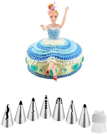 Ruffle Piping Nozzles Set with Coupler- 7 Pcs Russian Ruffle Skirt Icing Piping Tips & Small Piping Coupler for Wedding Dress Cookies and Cakes, Bridal Shower Baking Decoration Kit